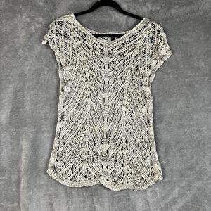 Eileen Fisher Sweater Top Womens XL Open Crochet Knit Beige Minimalist